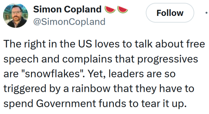 Tweet reading "The right in the US loves to talk about free speech and complains that progressives are "snowflakes". Yet, leaders are so triggered by a rainbow that they have to spend Government funds to tear it up."