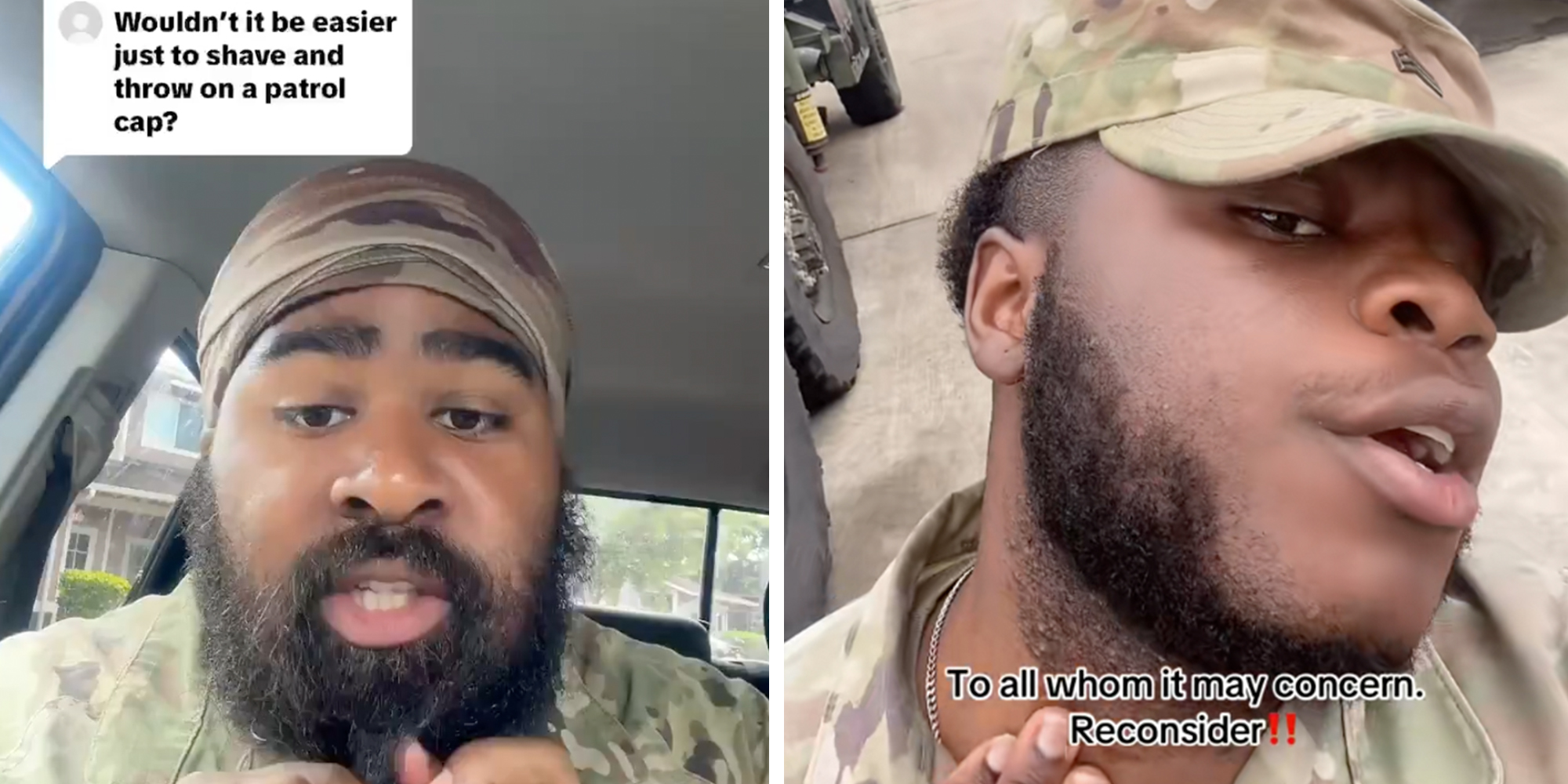 Left: Dark-skinned man with a beard in camo uniform looking into the camera. Right: Dark-skinned man with a beard wearing camo military uniform looking into the camera, showing his bear.