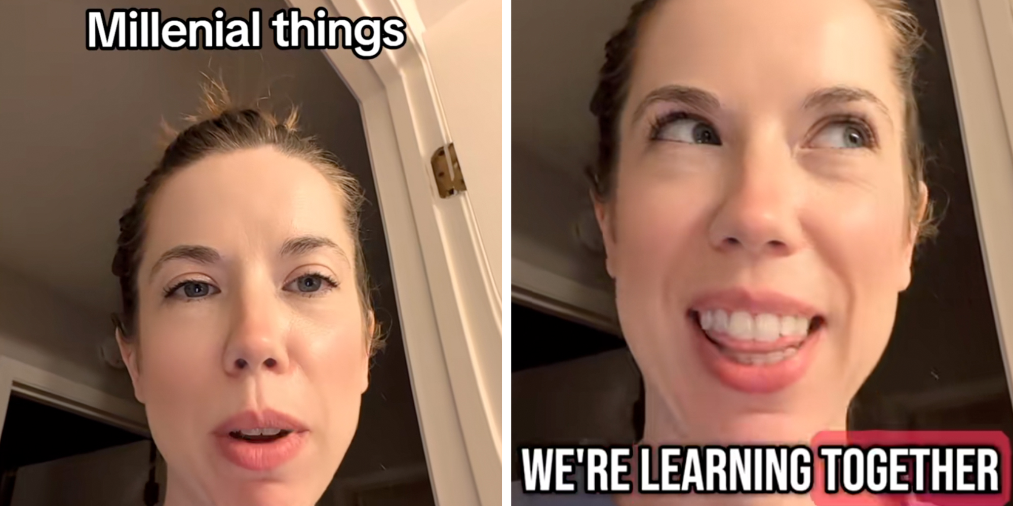 Woman looking into camera under text reading "Millennial things."