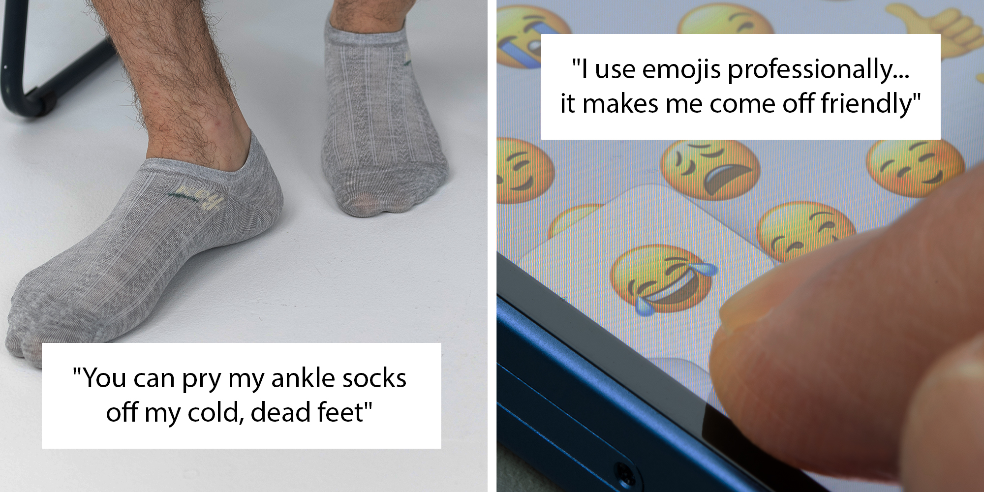 Left: Men's legs in gray short ankle socks on a white background. Right: An iPhone user chooses the "face with tears of joy" emoji from the iMessage app.