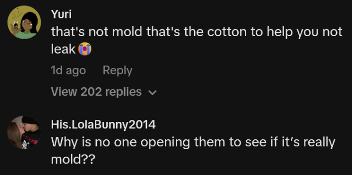 TikTok comments including one reading "that's not mold that's the cotton to help you not leak"