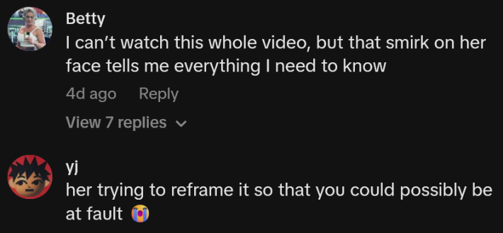 TikTok comments including one reading "I can’t watch this whole video, but that smirk on her face tells me everything I need to know"