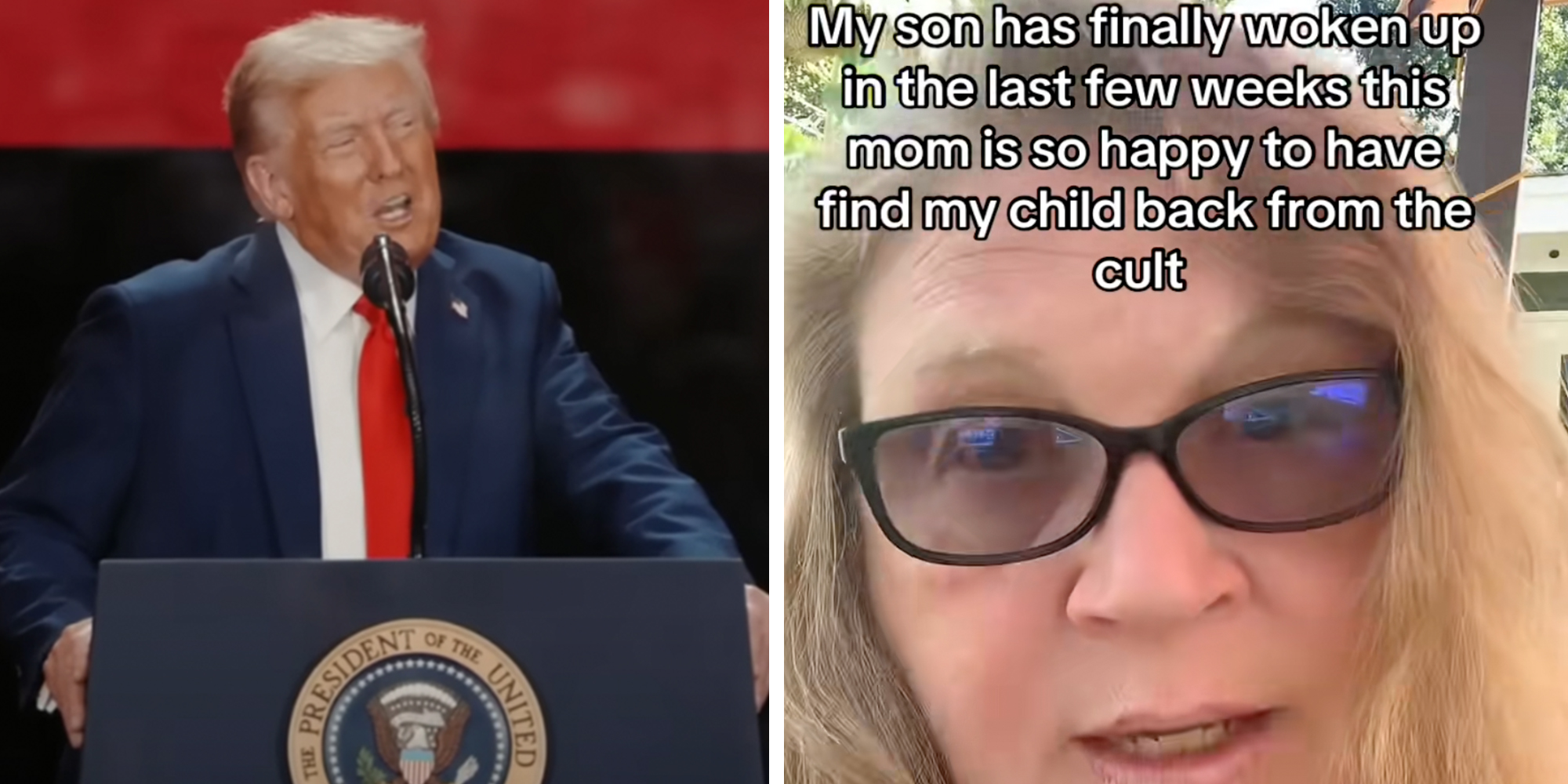 Left: Donald Trump in a navy suit and red tie speaking at Charlie Kirk's memorial. Right: Woman speaking into camera in transition glasses.