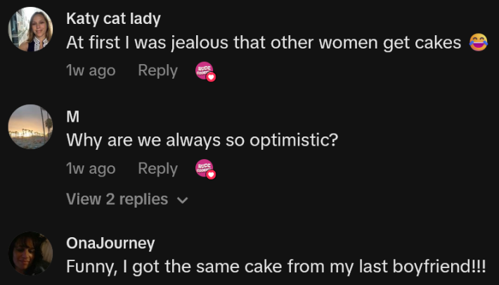 TikTok comments including one reading "At first I was jealous that other women get cakes"