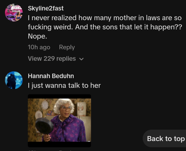 TikTok comments including one reading "I never realized how many mother in laws are so fucking weird. And the sons that let it happen?? Nope."