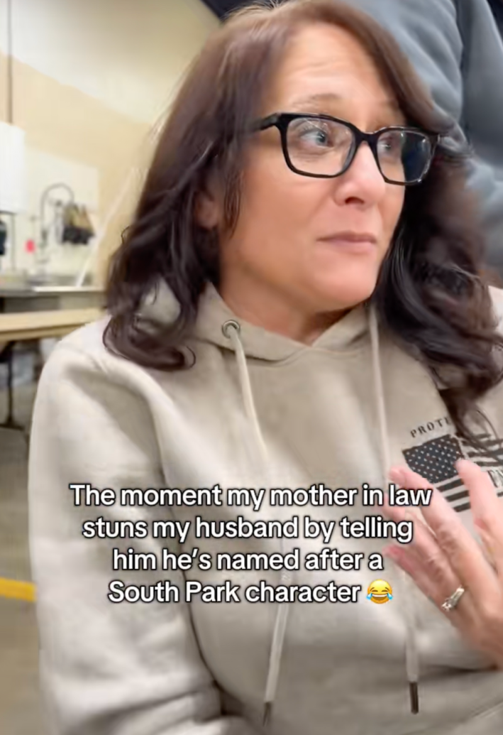 @vanessa_p_44/TikTok woman telling her son hes named after kyle from South Park with on screen text: “The moment my mother-in-law stuns my husband by telling him he’s named after a South Park character 😂.”