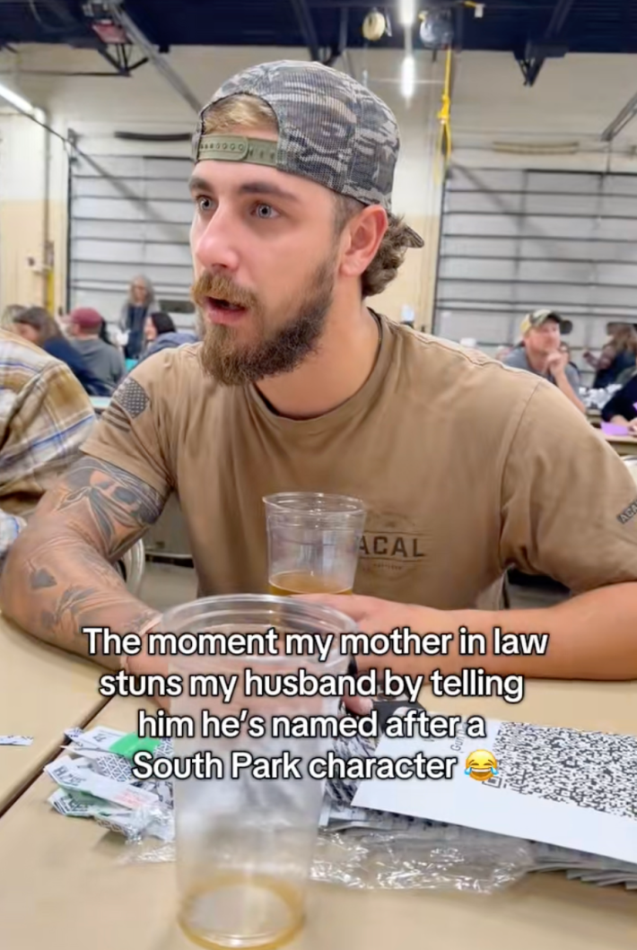 @vanessa_p_44/TikTok man reacting to mother telling him hes named after kyle from South Park with on screen text: “The moment my mother-in-law stuns my husband by telling him he’s named after a South Park character 😂.”