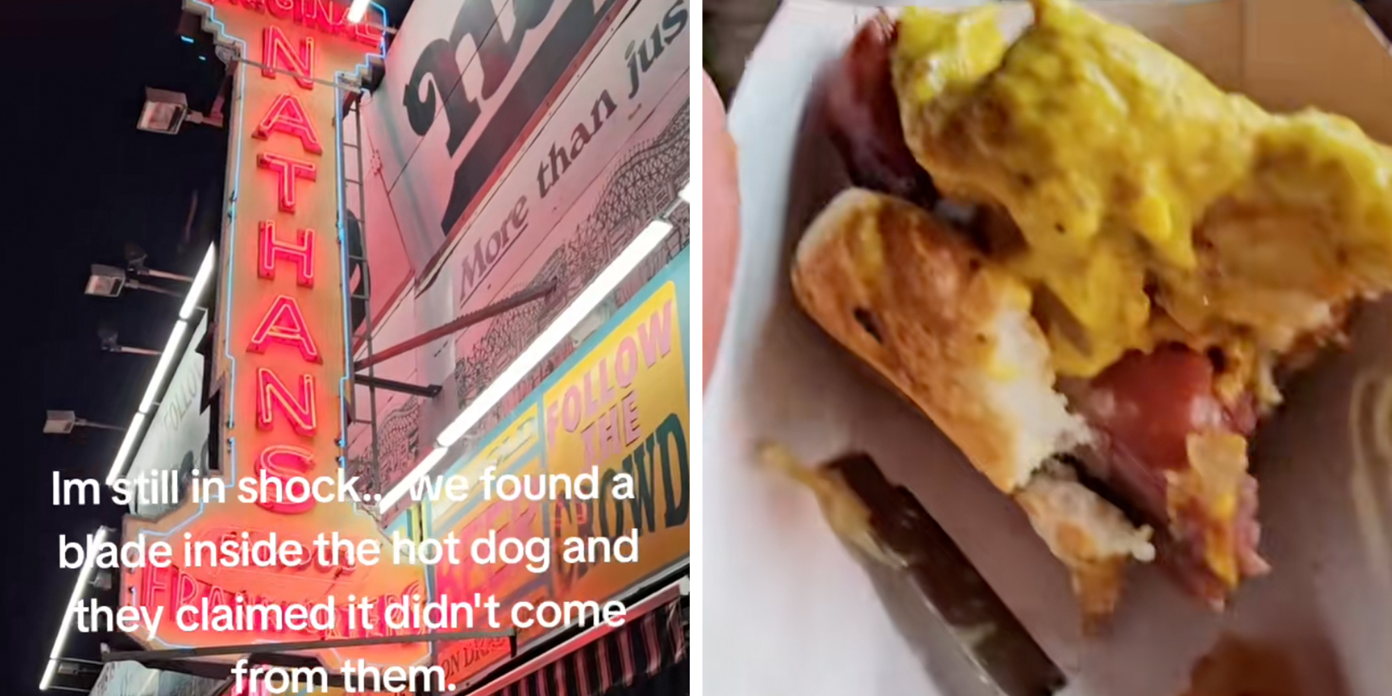 Left: Nathan's Famous Hot Dog location at night, caption overlay reads, "I'm still in shock... we found a razor blade inside the hot dog and they claimed it didn't come from them." Right: Half-eaten Nathan's Famous hot dog next to a razorblade.