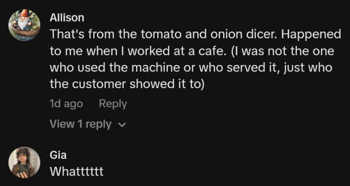 TikTok comments including one reading "That's from the tomato and onion dicer. Happened to me when I worked at a cafe. (I was not the one who used the machine or who served it, just who the customer showed it to)"