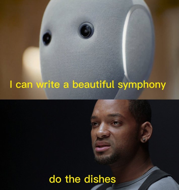 NEO robot saying, "I can write a beautiful symphony" and Will Smith replying, "do the dishes."
