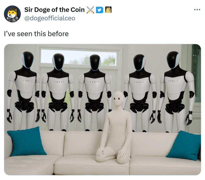 Tweet meme that reads, "I've seen this before." with an image of the NEO robot kneeling on a couch with five other robots standing in the background.