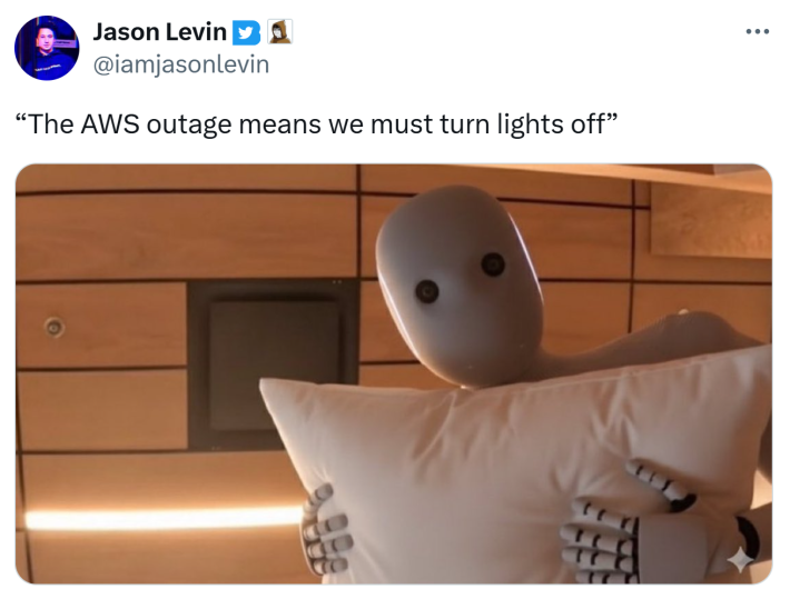 Tweet meme that reads, "The AWS outage means we must turn lights off"