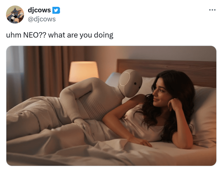 Tweet meme of a woman in bed with the NEO robot that reads, "uhm NEO?? what are you doing"