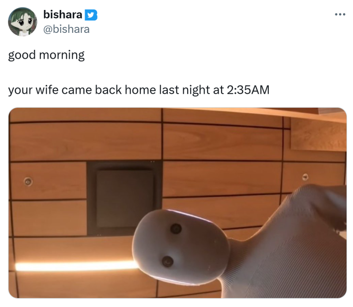 Tweet that reads, "good morning. your wife came back home last night at 2:35AM"