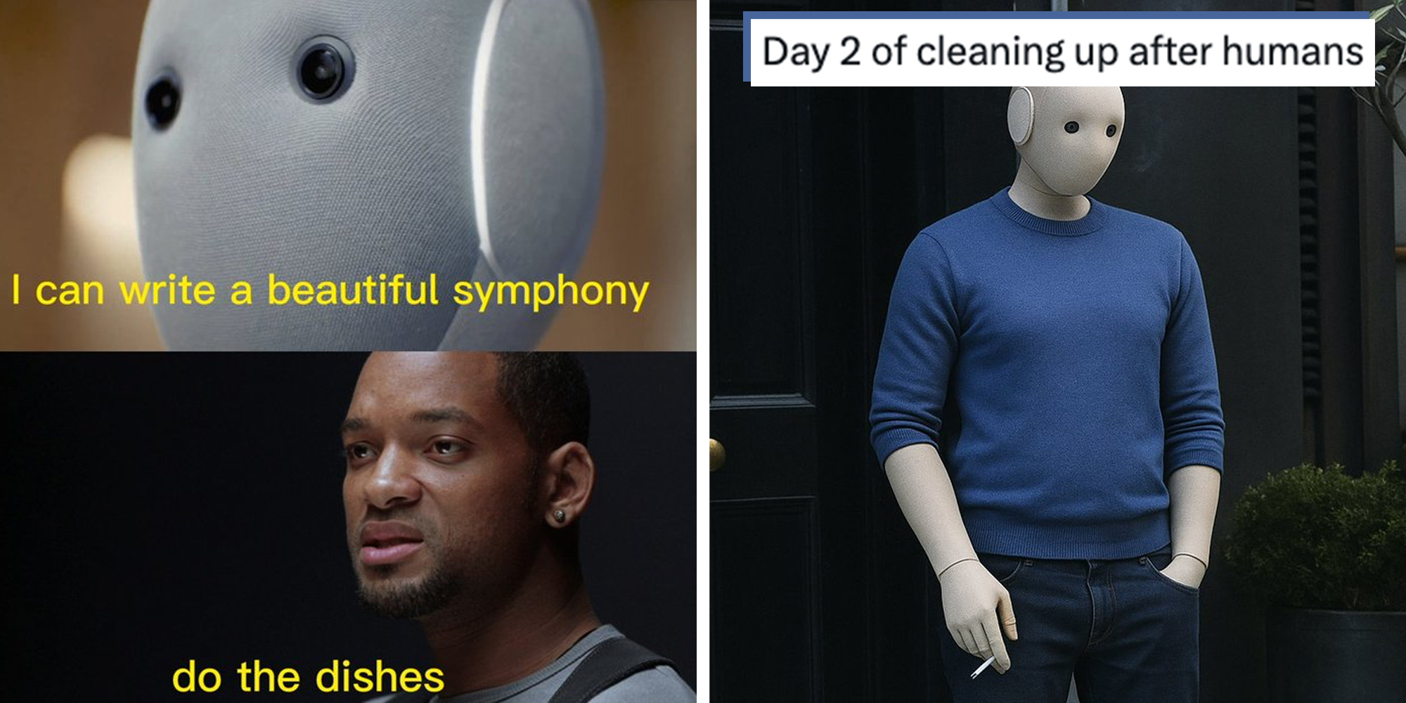 Left: Will Smith I robot meme featuring Neo robot. Neo Robot face in upper half has text overlay reading, "I can write a beautiful symphony." Will Smith's lower half reaction face has text overlay reading, "Do the dishes." Right: Ben Affleck smoking meme with Neo robot head instead, tweet text caption overlay reads, "Day 2 of cleaning up after humans."