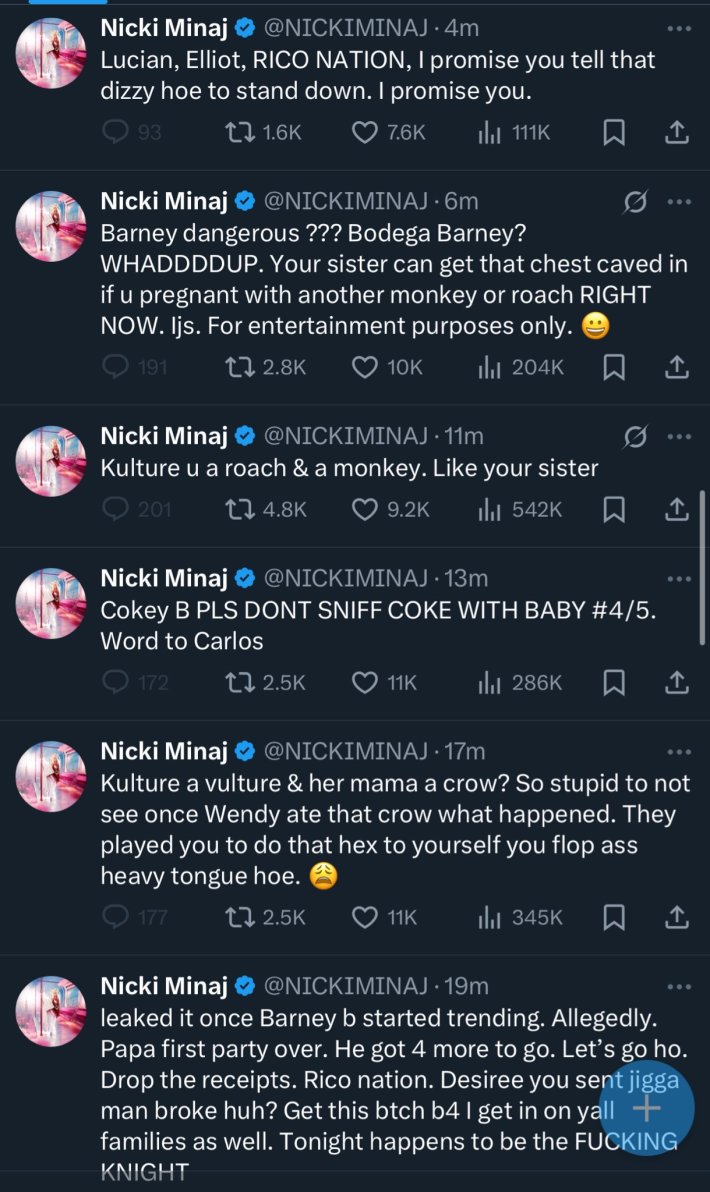 A series of Nicki Minaj tweets attacking Cardi B and her daughter Kulture.