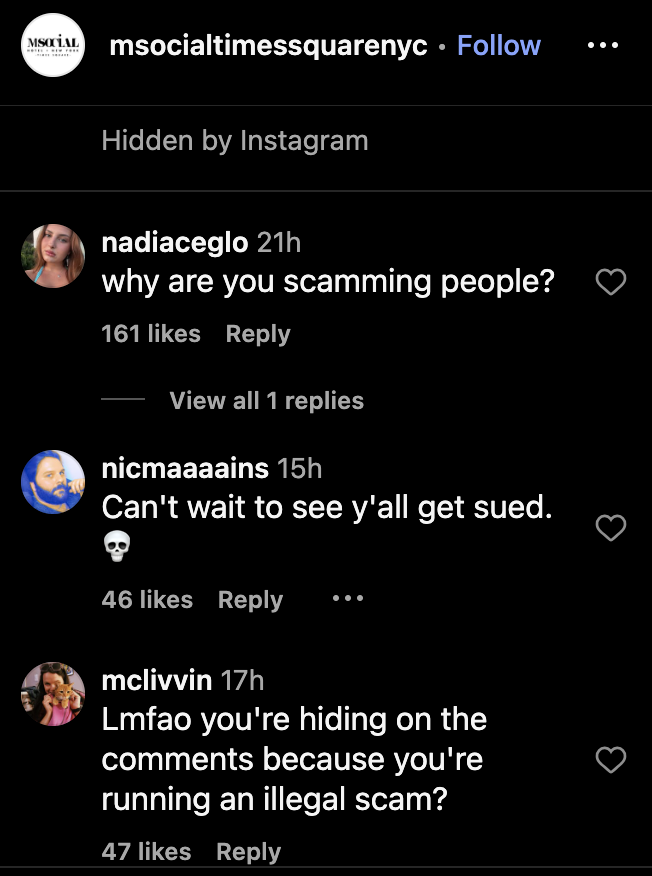 Instagram comments that have been hidden. They are negative against the hotel.