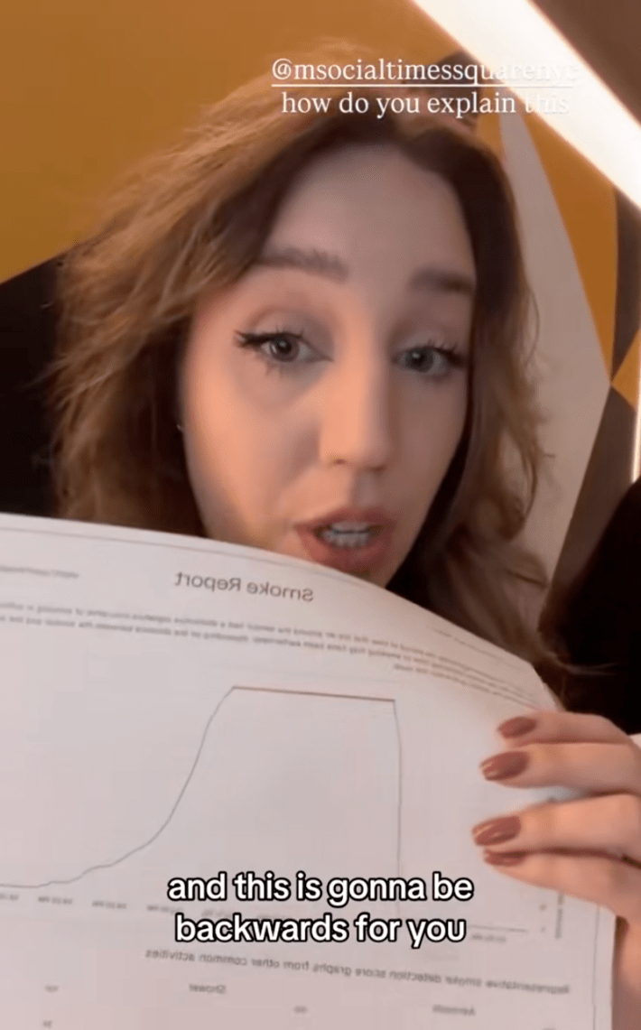 A woman showing a graph of when she allegedly smoked in her hotel room even though she doesn't smoke and wasn't in the room at the time.