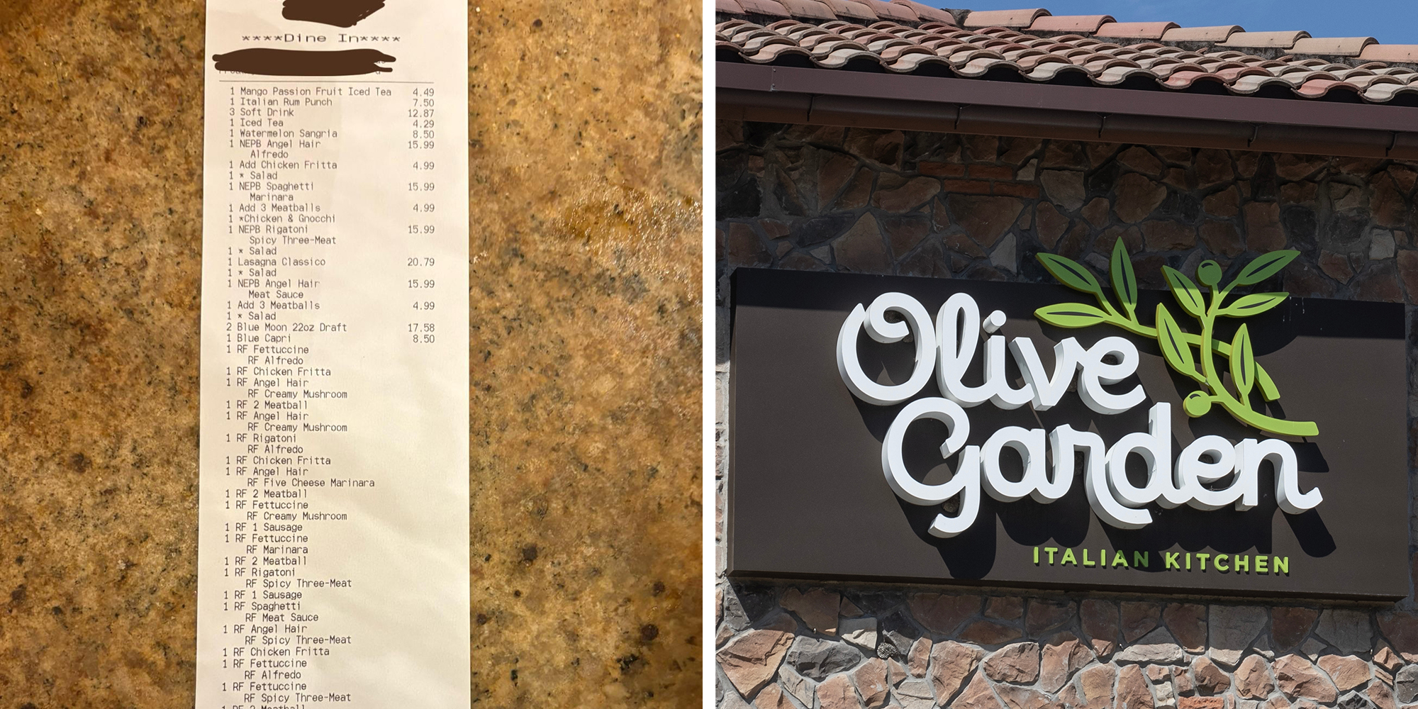 Left: Absurdly long receipt from Olive Garden's "Never-Ending pasta bowl" deal. Right: Olive Garden Italian Kitchen. Olive Garden is a division of Darden Restaurants.