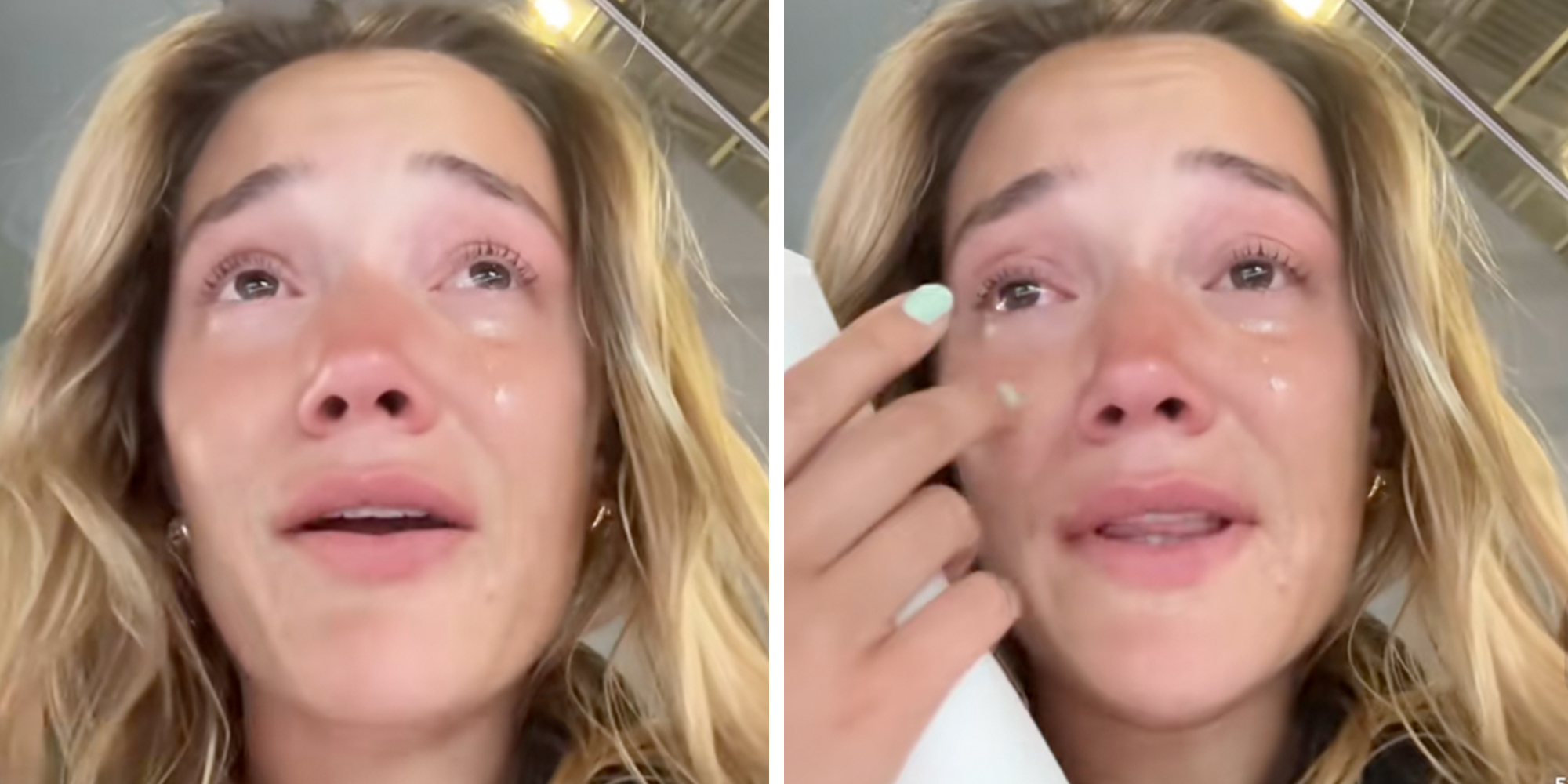 Model Olivia Ponton crying in the Paris airport.