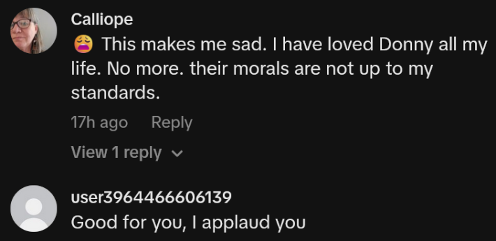 TikTok comments including one reading "This makes me sad. I have loved Donny all my life. No more. their morals are not up to my standards."