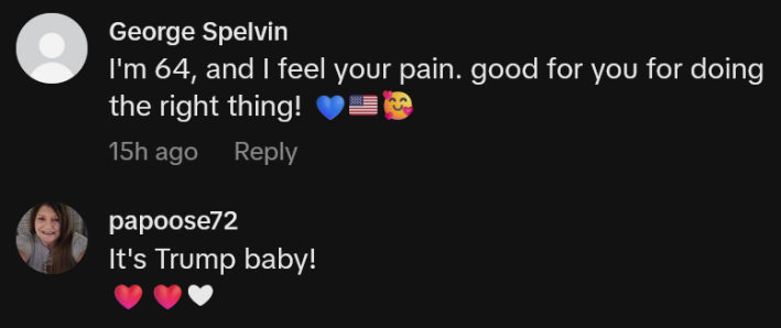 TikTok comments including one reading "I'm 64, and I feel your pain. good for you for doing the right thing!"