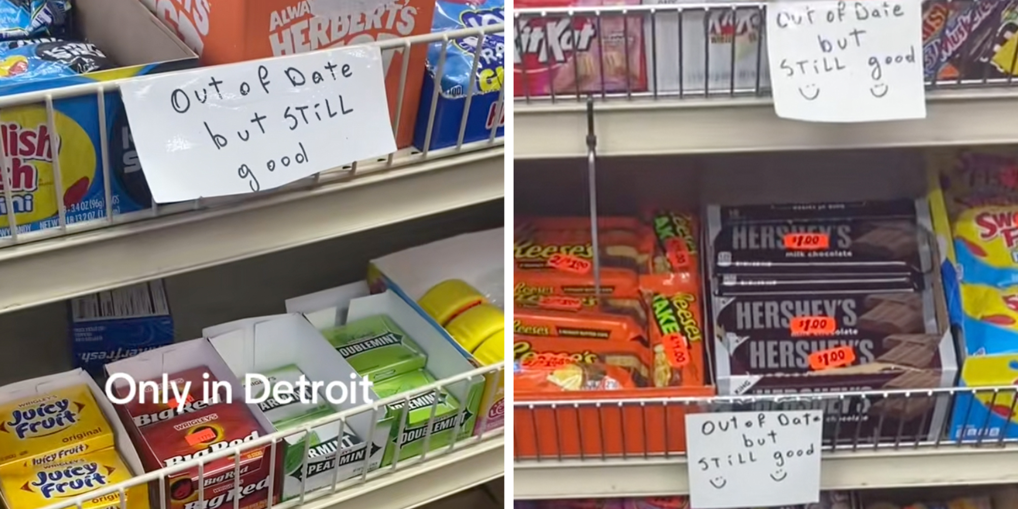 Candy aisle in a gas station labeled with multiple handwritten signs written "out of date but still good."