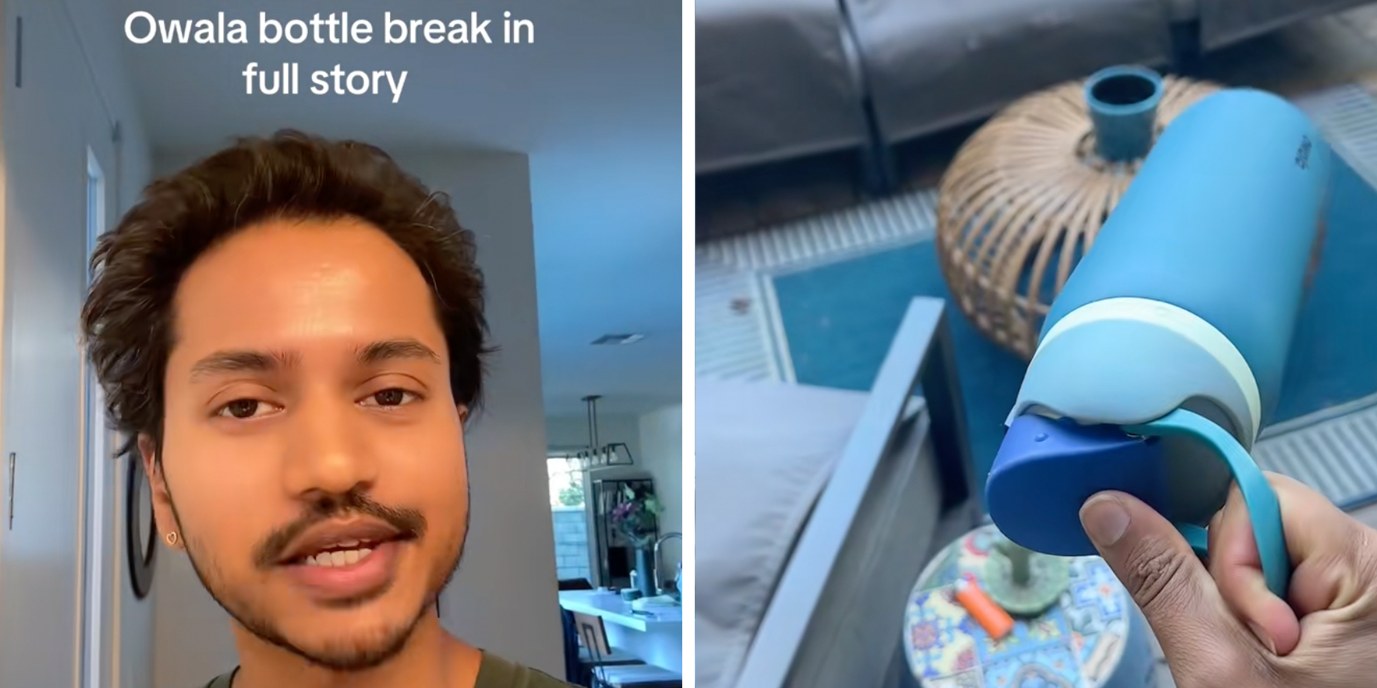 Left: Man looking into camera underneath text reading "Owala bottle break-in full story." Right: Man's hand holding Owala bottle.