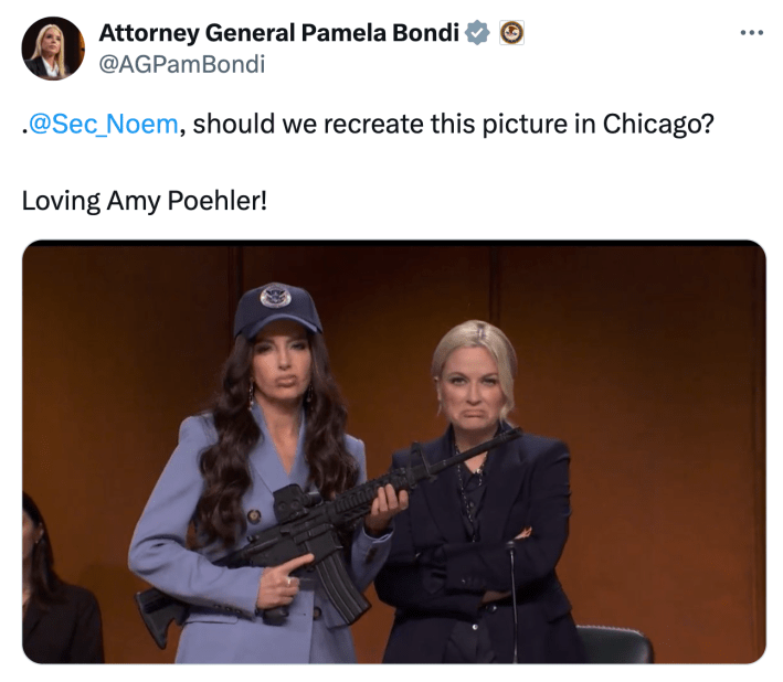 Tweet from Pat Bondi that reads, "@Sec_Noem⁩, should we recreate this picture in Chicago?Loving Amy Poehler!"and a screencap of the scene from SNL.