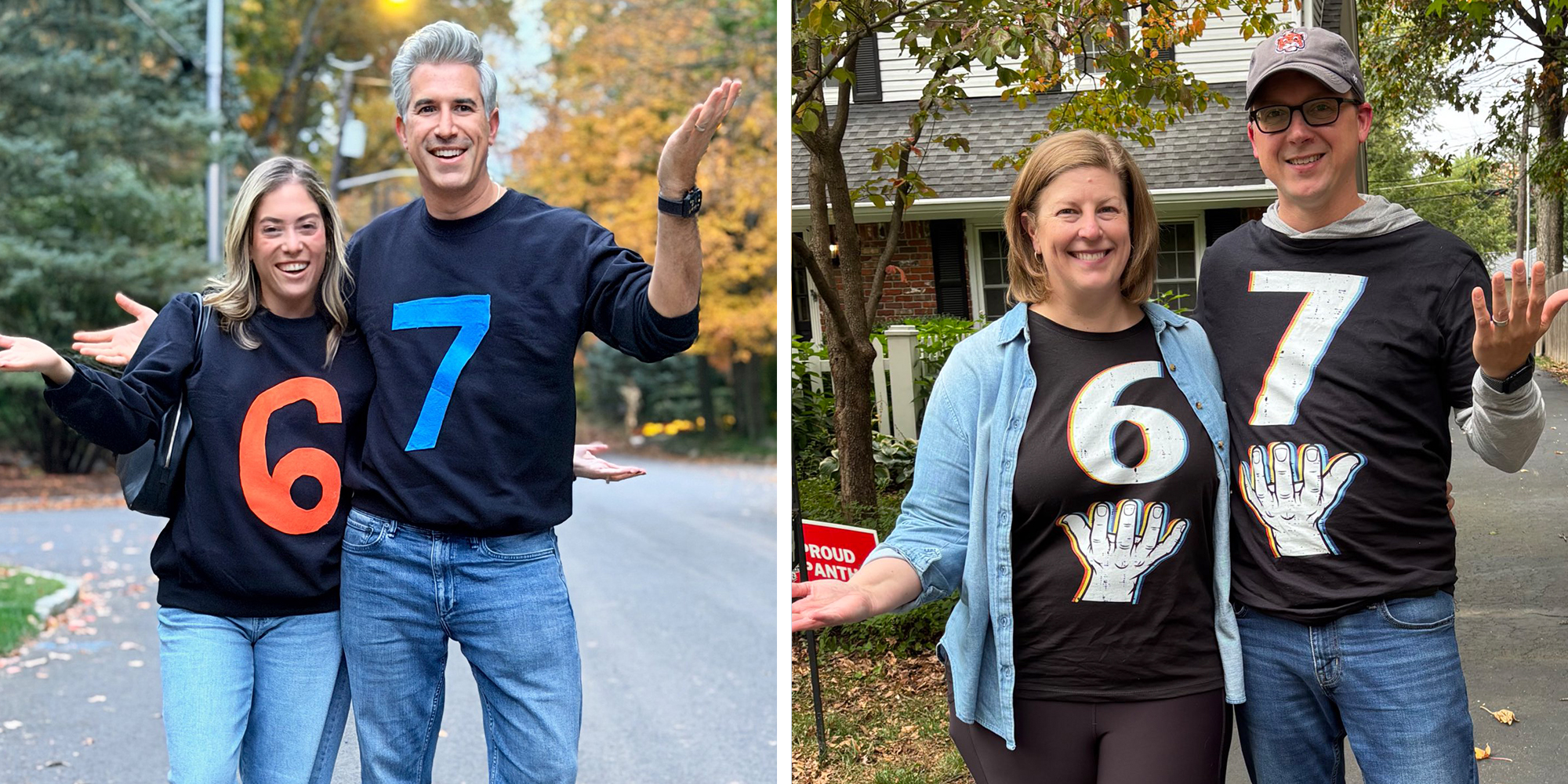 Left: Husband and Wife wearing black sweatshirts: The woman has a 6 painted on hers, the man a 7, recreating the viral TikTok "6 7" meme. Right: Husband and Wife wearing black t-shirts: The woman has a 6 painted on hers, the man a 7, recreating the viral TikTok "6 7" meme.