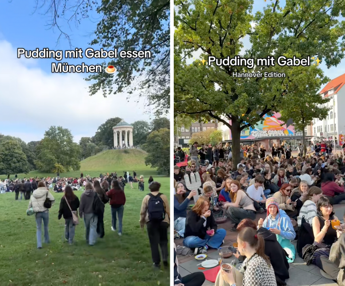 crowds of young people sitting on the ground eating pudding with a fork