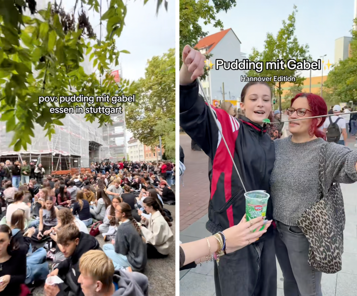 people eating pudding with a fork