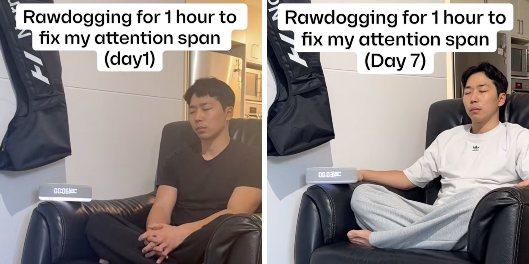 Left: Man sitting meditating in a leather chair. Text caption reads, "Rawdogging for 1 hour to fix my attention span (day 1). Right: Man sitting meditating in a leather chair. Text caption reads, "Rawdogging for 1 hour to fix my attention span (day 7).