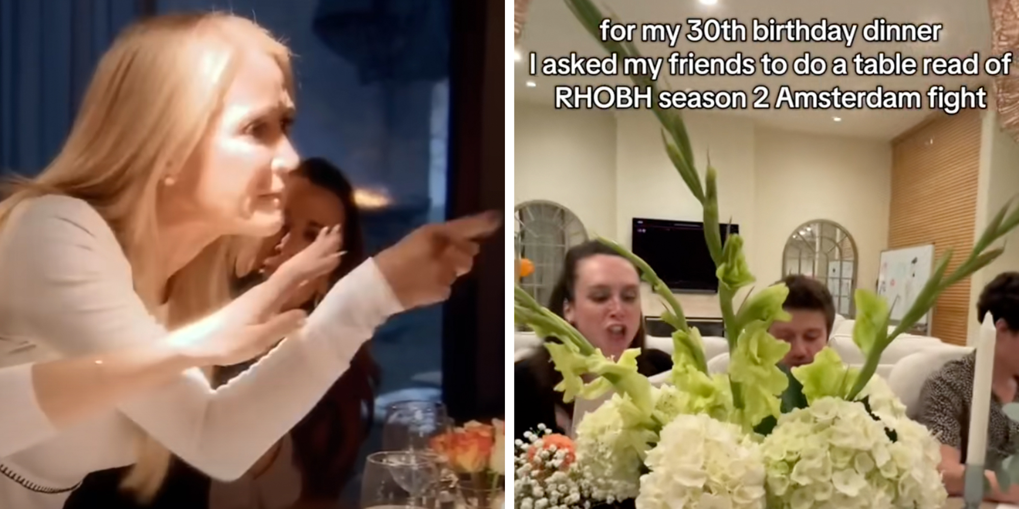 Left: Kim Richards in Real Housewives of Beverly Hills Season 2 episode of the fight in Amsterdam. Right: People sitting around a table for a birthday party, text overlay reads, "For my 30th birthday dinner I asked my friends to do a table read of RHOBH season 2 Amsterdam fight."