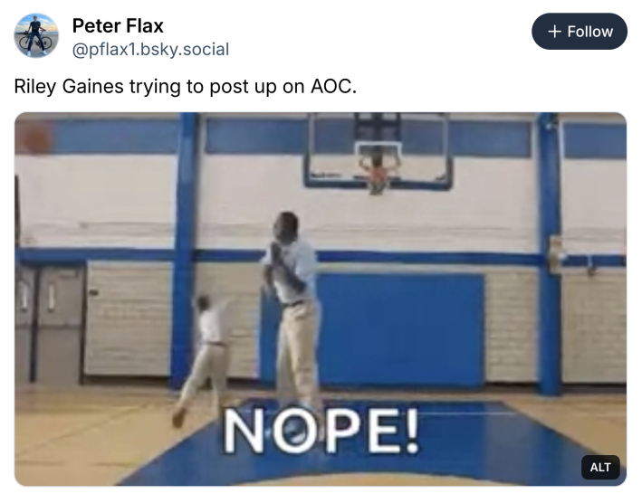 Post that reads, "Riley Gaines trying to post up on AOC." with a gif of a large man blocking a small boy from throwing a basketball into the net.