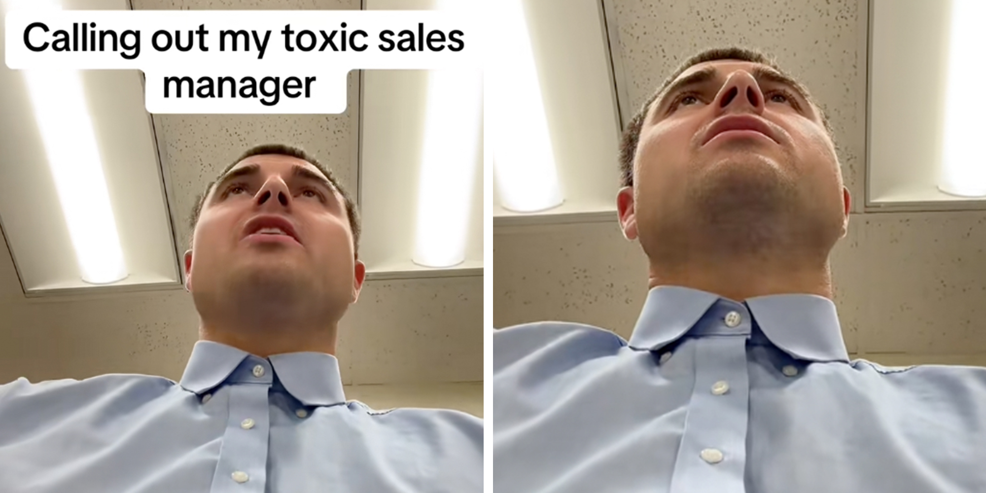 Man in a blue button-down shirt in an office, text overlay reads "Calling out my toxic sales manager."