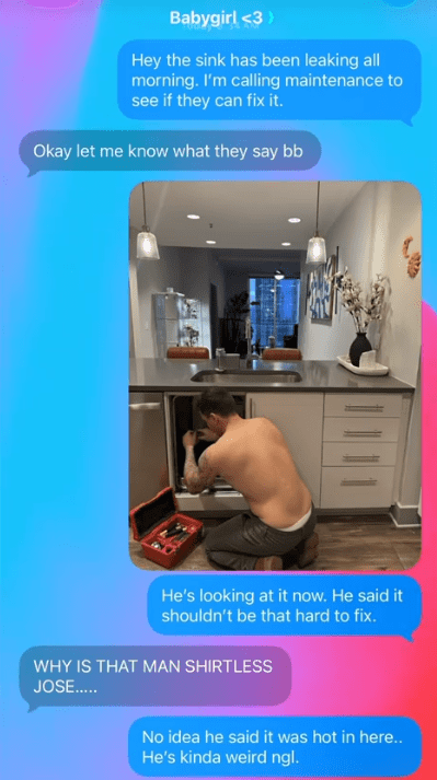 Screenshot of a text exchange with a photo of a shirtless plumber working on a kitchen sink.