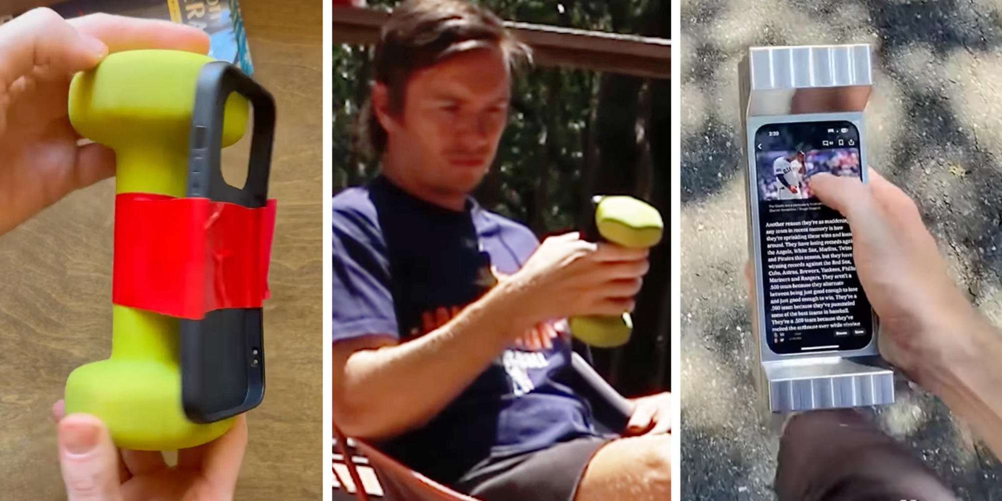 Left: six-pound dumbbell taped to an iPhone. Middle: Man sitting in a chair outside holding a six-pound dumbbell taped to an iPhone. Right: 3d prototype of six-pound phone case.