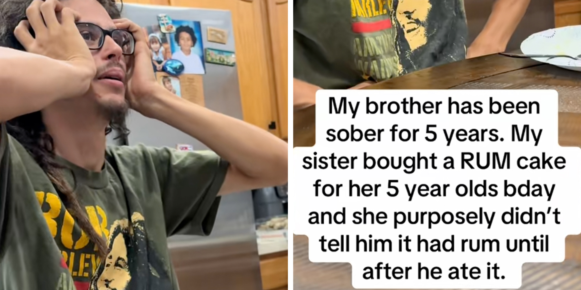 Man holding his head in despair. Text overlay reads, My brother has been sober for 5 years. My sister bought a RUM cake for her 5 year old's bday and she purposefuly didn't tell him it had rum until after he ate it."