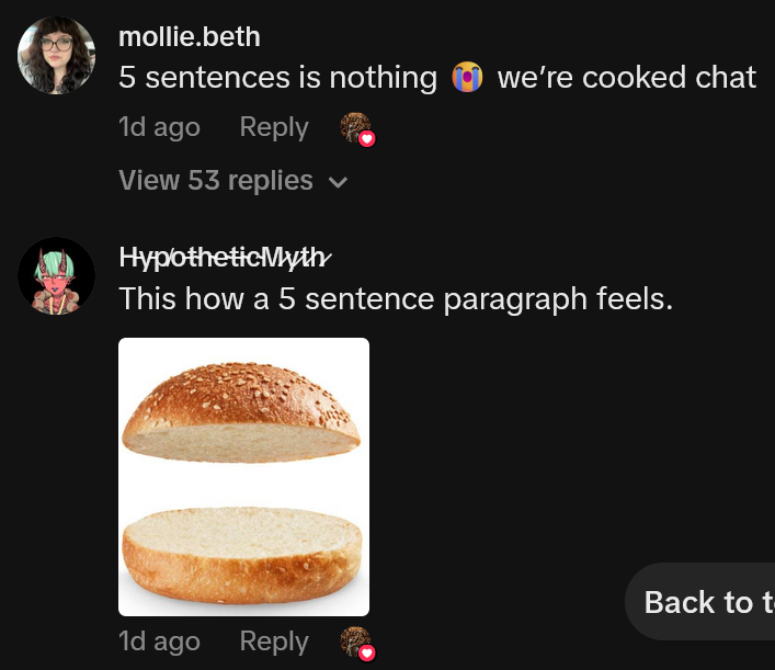 TikTok comments including one reading "5 sentences is nothing, we’re cooked chat"