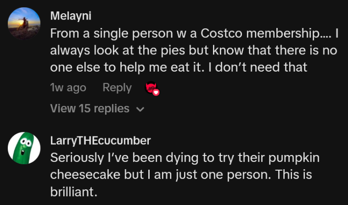 TikTok comments including one reading "Seriously I’ve been dying to try their pumpkin cheesecake but I am just one person. This is brilliant."