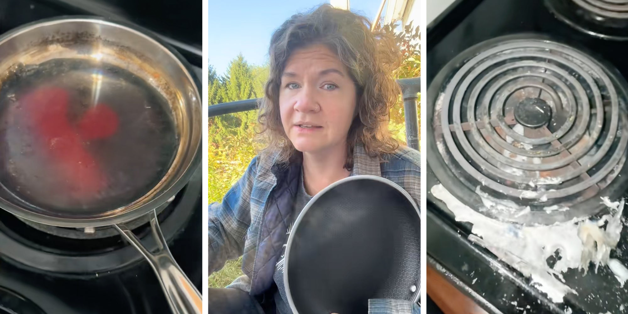 3 panel: Left: Ruined stainless steel pan. Middle: Woman in a flannel holding a pan to the camera. Right: A destroyed electric stovetop from an exploded stainless steel pan.