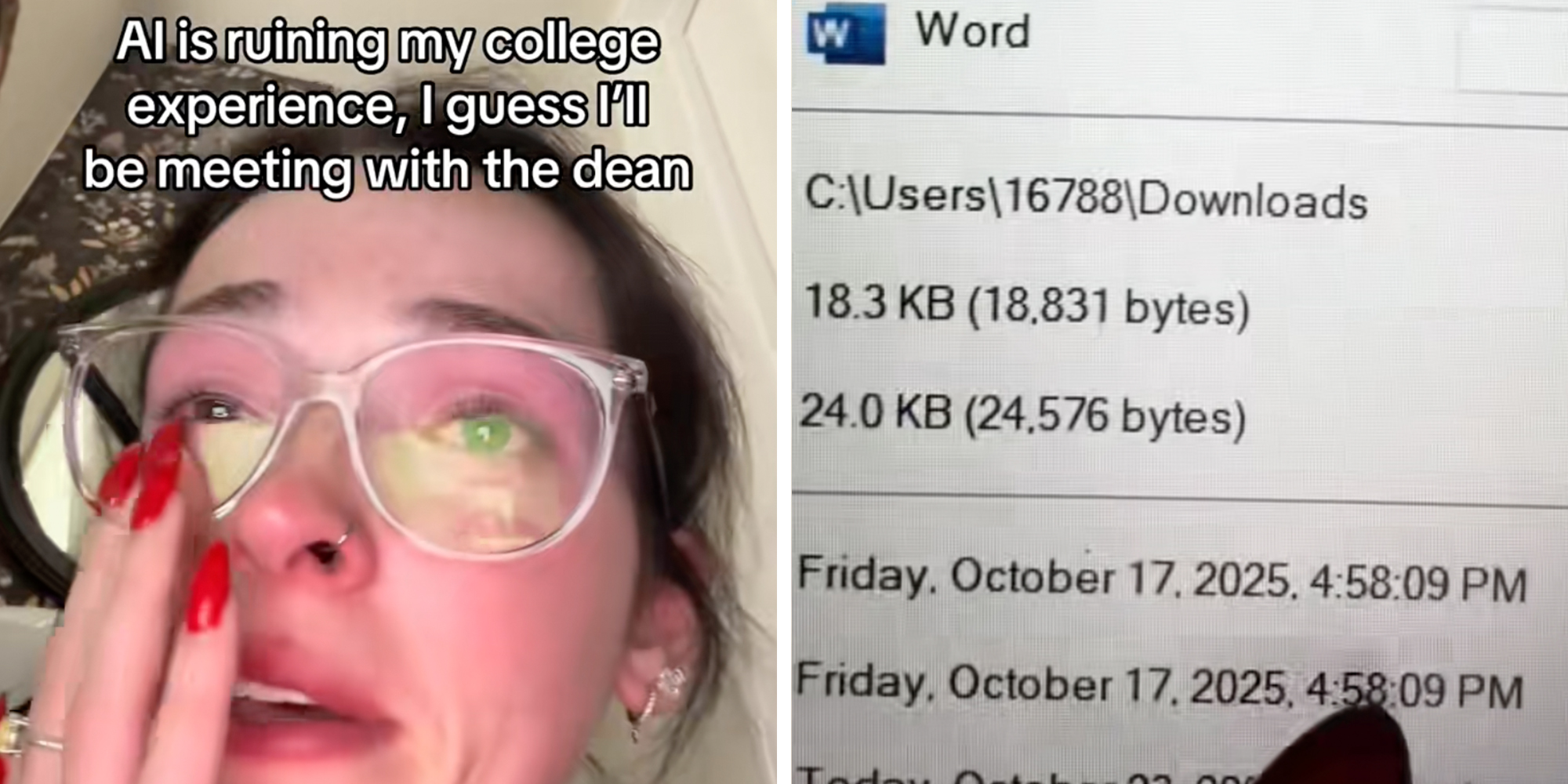 Left: Student in glasses sobbing, wiping tears from her face. Text overlay reads, "AI is ruining my college experience, I guess I'll be meeting with the dean." Right: Word document time stamps.