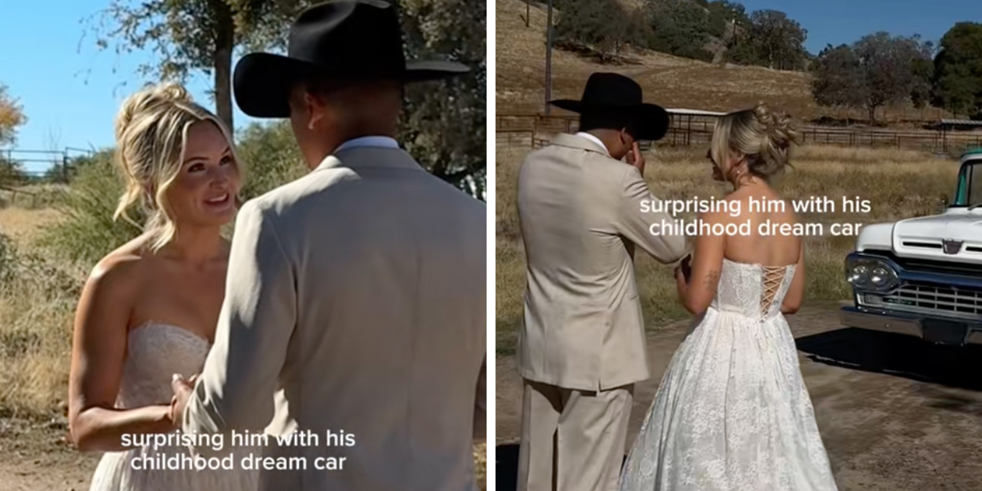 2 Panel: Left: Bride and groom in a black cowboy hat underneath text reading, "suprising him with his childhood dream car." Right: Bride and groom in a black cowboy hat looking at a teal F100 truck underneath text reading, "suprising him with his childhood dream car."