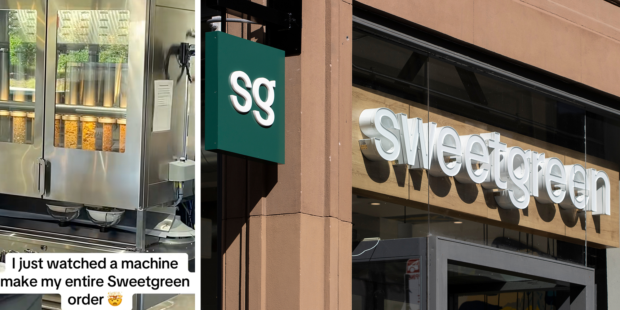 Left: Salad-making machine at a Sweetgreen location, caption overlay reads, "I Just watched a machine make my entire Sweetgreen order." Right: Sweetgreen sign is seen at one of its restaurants in San Francisco, California.
