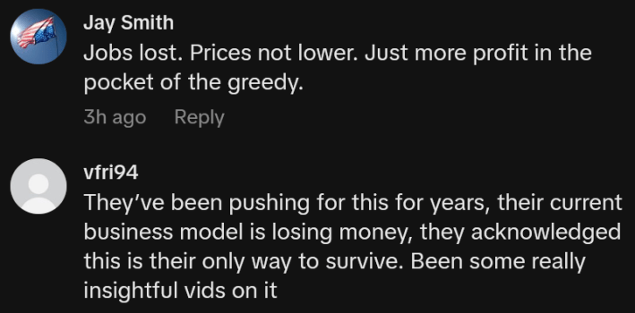 TikTok comments including one reading "Jobs lost. Prices not lower. Just more profit in the pocket of the greedy."