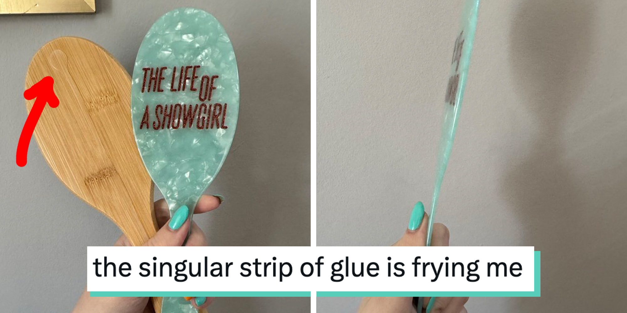 Taylor Swift's turqouise "The Life of a Showgirl" hairbrush with the plastic cover unattached from the wooden paddle. Tweet text overlay reads, "The singular strip of glue is frying me."