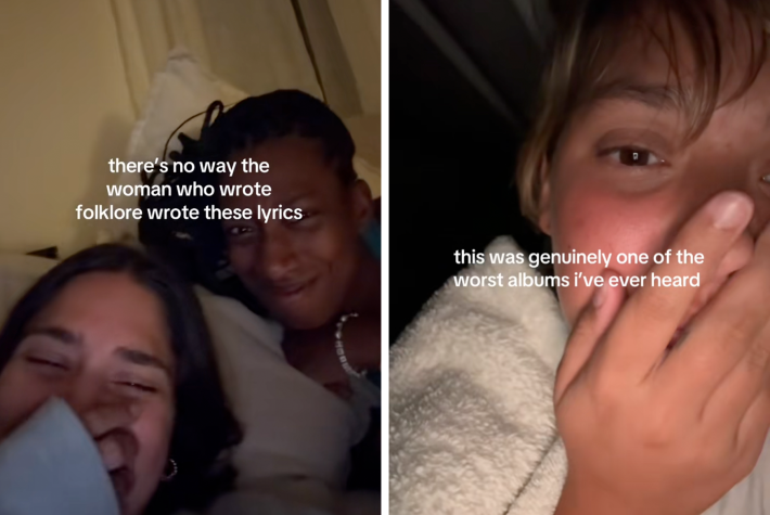 people laugh with the words "There's no way the woman who wrote folklore wrote these lyrics" on the video