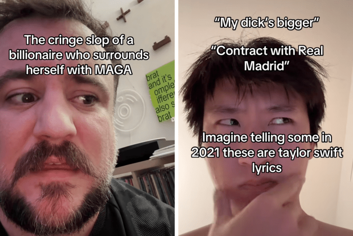 man calling lyrics "cringe slop of a billionaire who surrounds herself with maga"