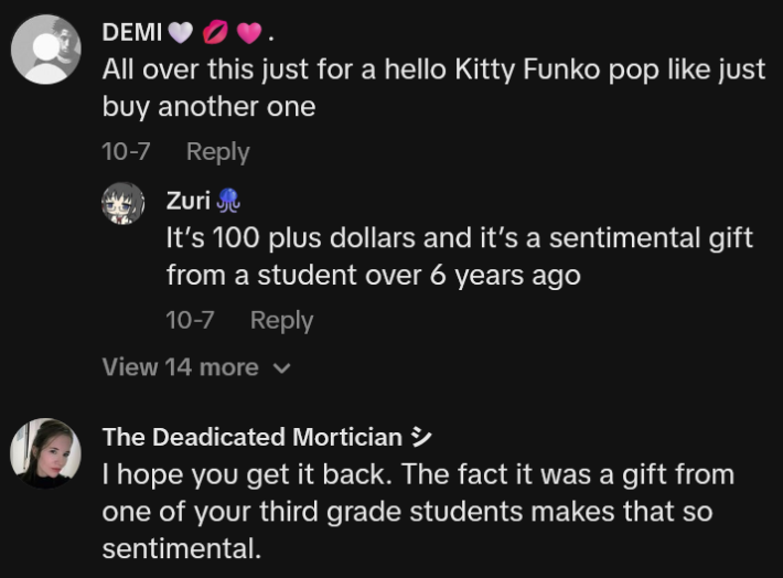 TikTok comments including one reading "All over this just for a hello Kitty Funko pop like just buy another one"